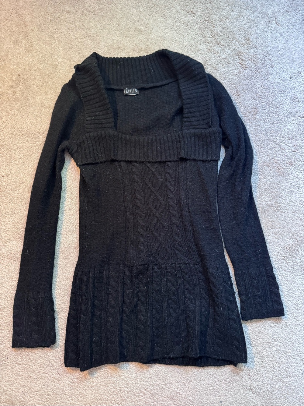 VENUS Black Cable-Knit Wide Shawl Collar Sweater